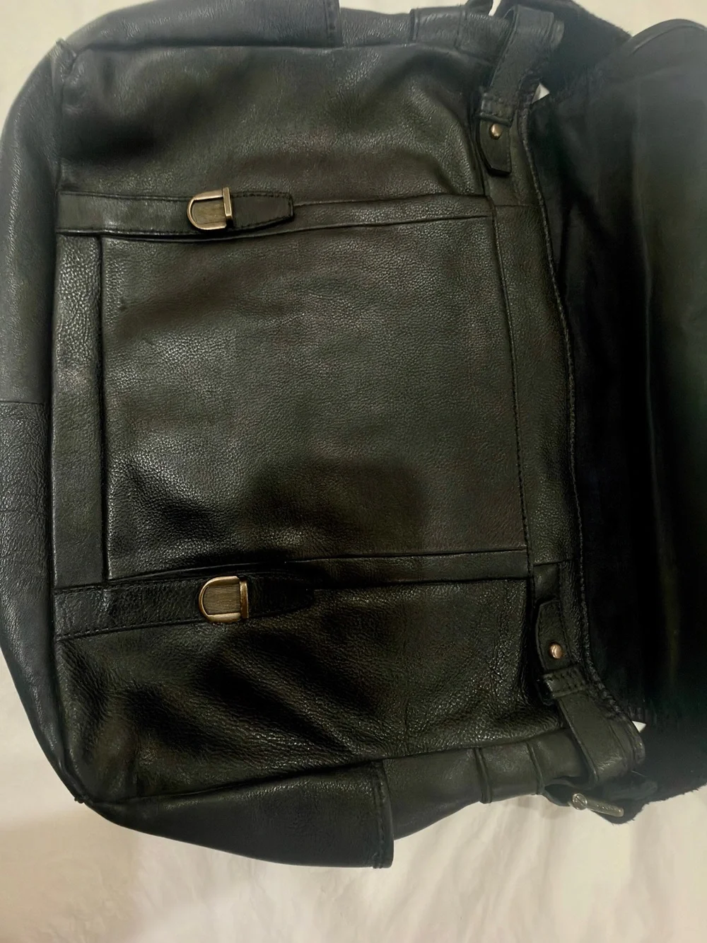 Fossil Black Leather Messenger Crossbody Bag with Brass Hardware
